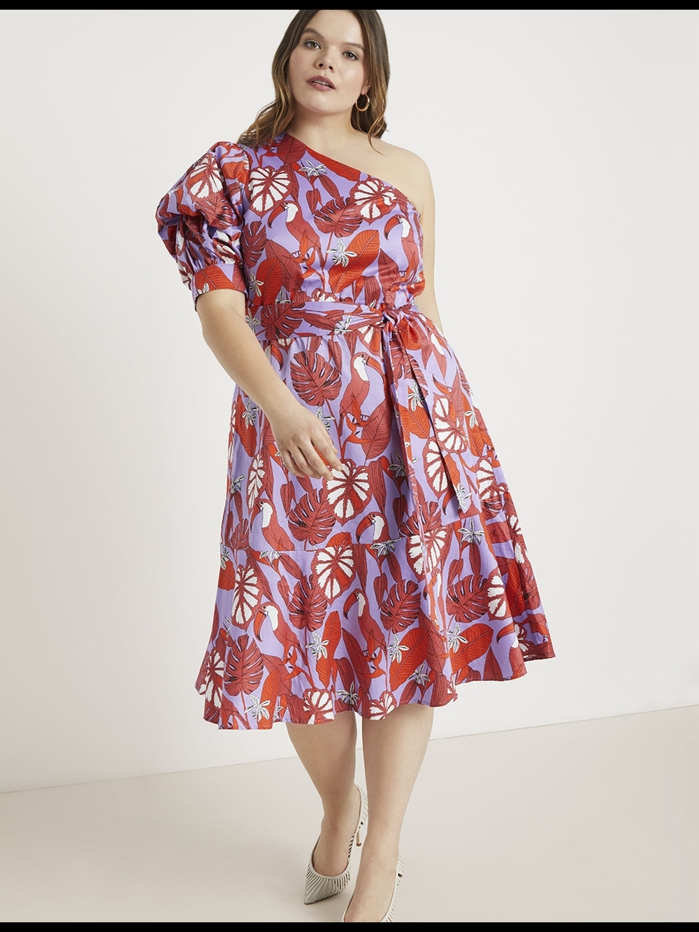 Eloquii Red and Lavender One-Shoulder Floral Midi Dress
